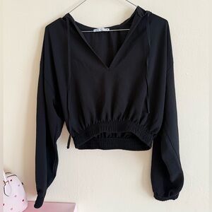 Zara Black V-Neck Hoodie Sweatshirt